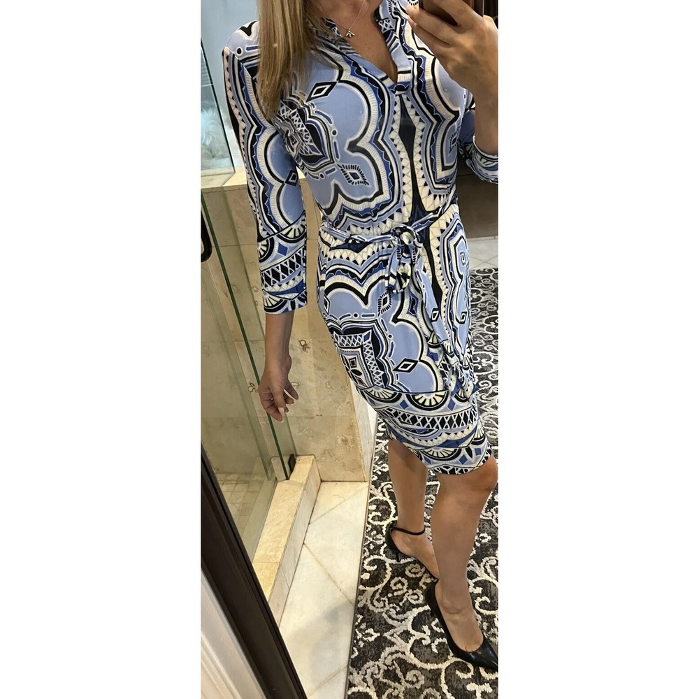 INC International Concepts Blue Abstract Jersey Knit Sheath Dress 4 3/4 Sleeve